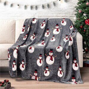 Christmas Snowman Throw Blanket | Grey Christmas Fleece Blanket | Soft,